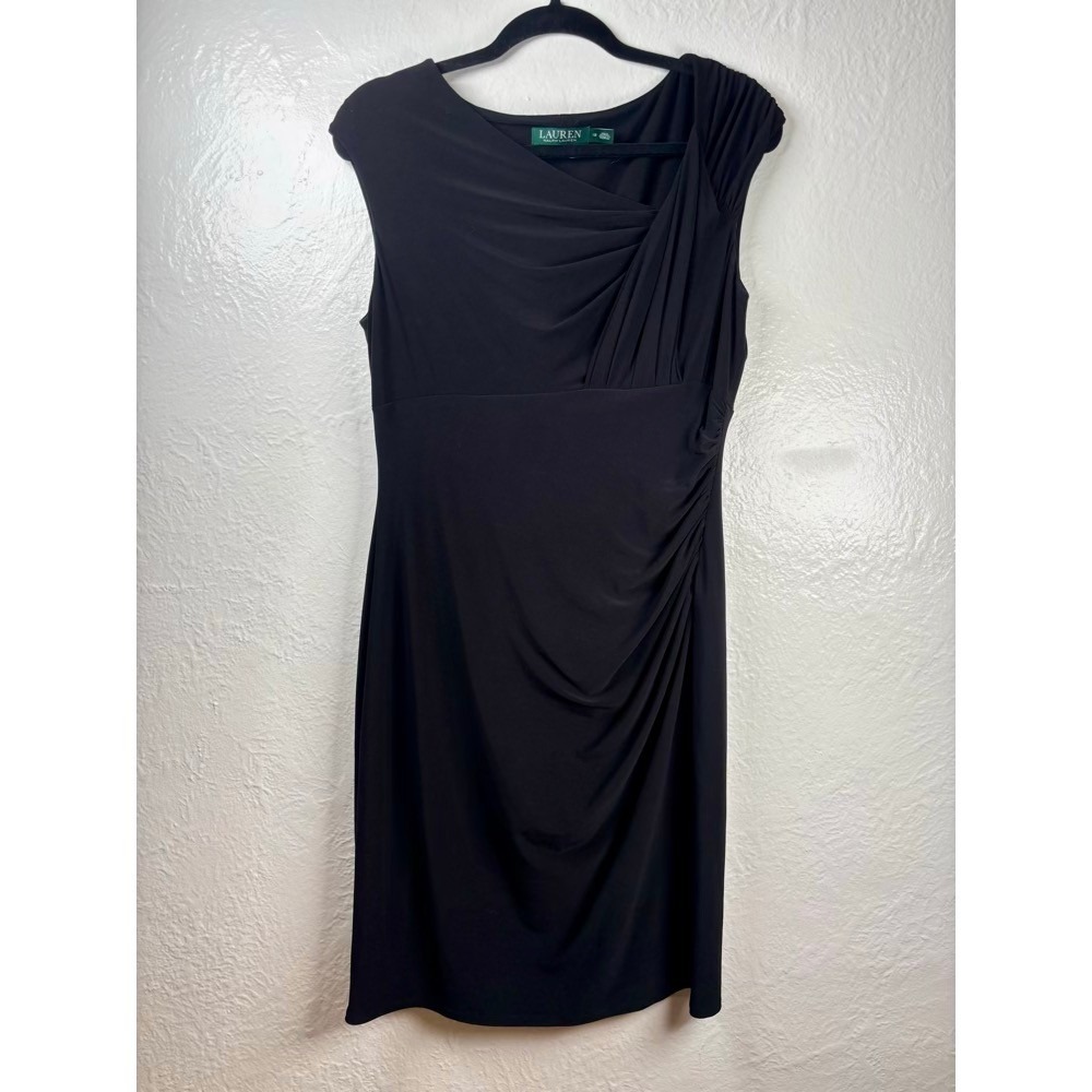 Lauren Ralph Lauren Sheath Dress Womens 12 Black Ruched Wedding Guest Luxury